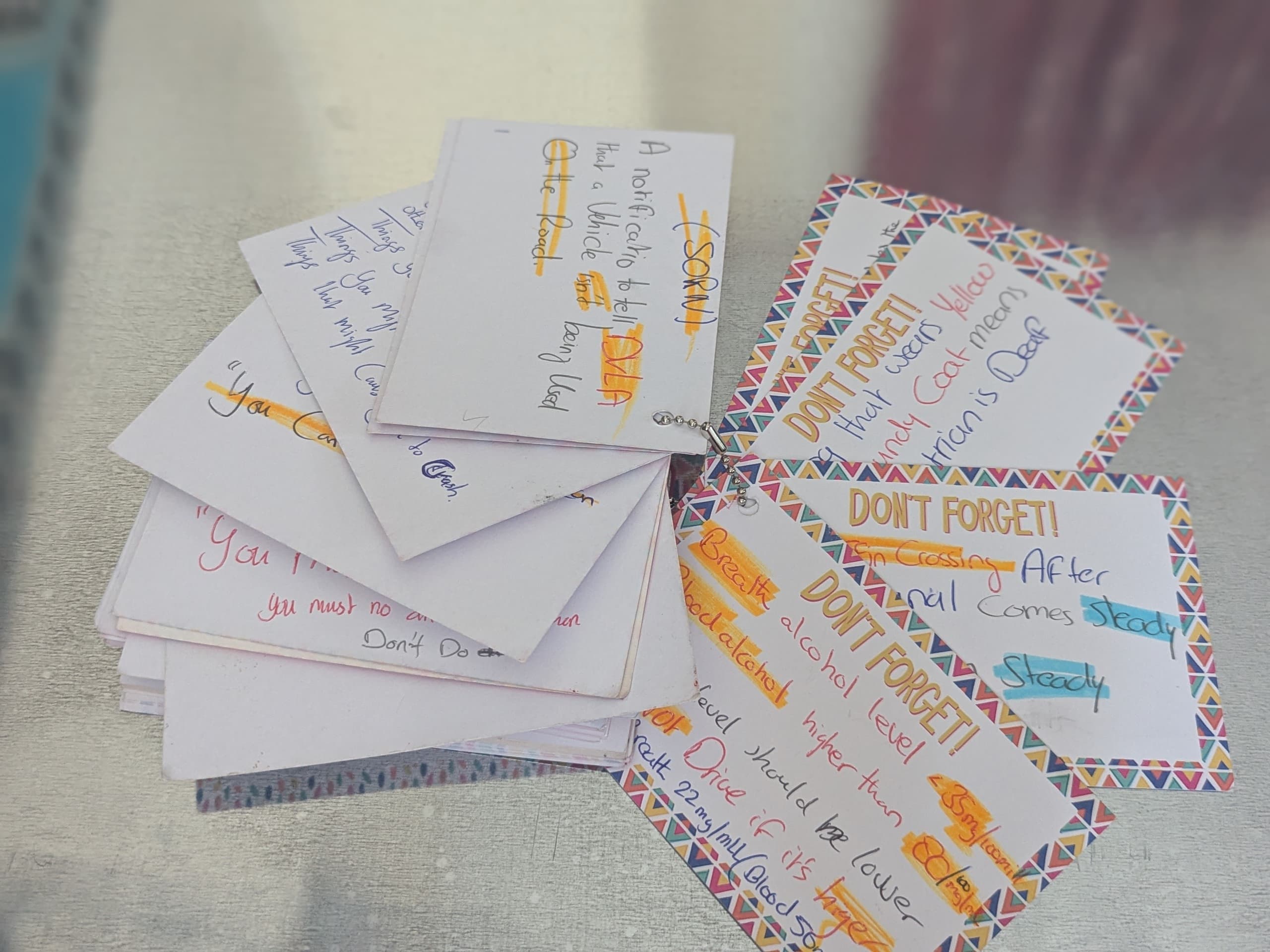 Colorful flashcards with key driving theory points